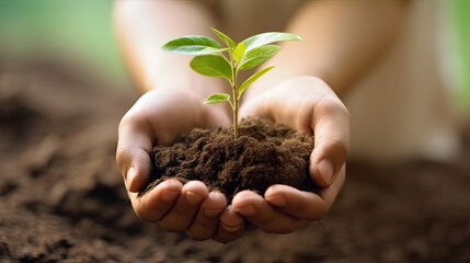 Hands holding young green plant in soil on blurred background. Ecology concept. Generative AI.