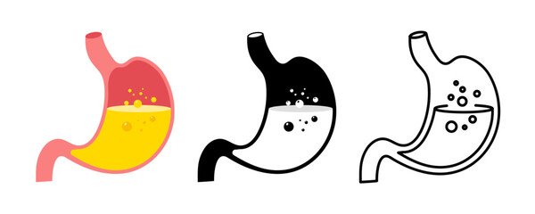 Human stomach. Internal organ, digestive system anatomy, stomach care. Healthy and unhealthy, empty and full human stomach in different style. Nutrition, stomach pain, bloating