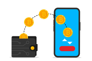 Crypto wallet. Digital bitcoin wallet with mobile phone. Digital wallet technology for cryptocurrency. Cryptocurrency transaction with mobile phone. Blockchain, crypto coins, exchange, money transfer - obrazy, fototapety, plakaty