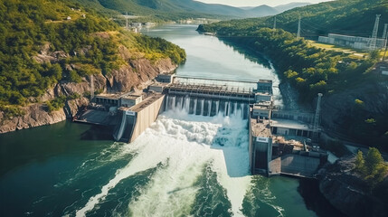 Aerial view of hydroelectric power station.  Generative AI. - obrazy, fototapety, plakaty