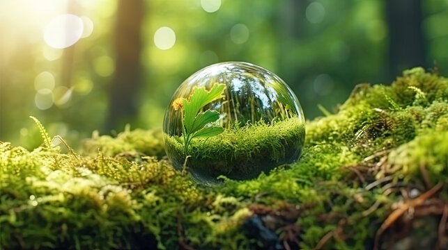 Crystal ball with green moss and dandelion flower in forest. Generative AI.
