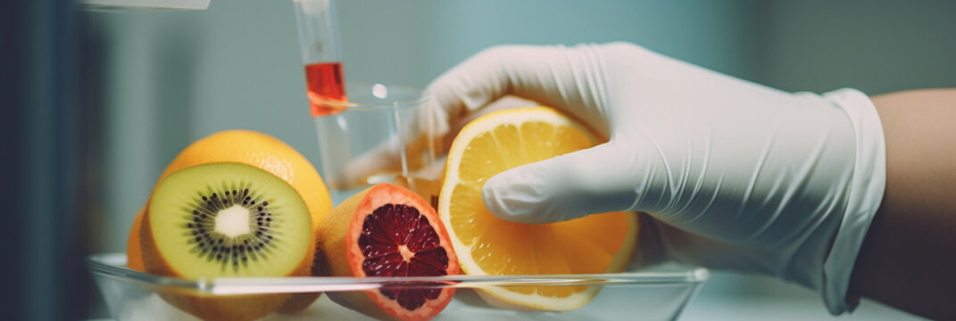 Doctor keep sliced fruit in an IV bag, Doctor holding saline bag fruit, banner, generative AI