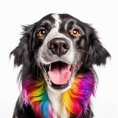 Portrait of Funny laughing dog with a colorful design style. 360 degrees panoramic camera, AI generative