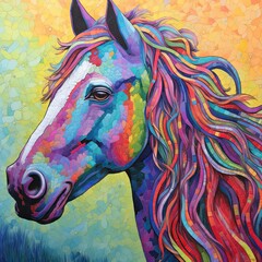 Oil horse portrait painting in multicolored tones. Conceptual abstract painting of a horse head. AI generative