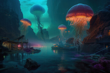 Fototapeta na wymiar Jellyfish fantasy background. Generative Ai