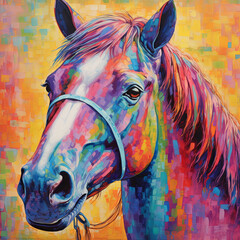 Fototapeta na wymiar Oil horse portrait painting in multicolored tones. Conceptual abstract painting of a horse head. AI generative