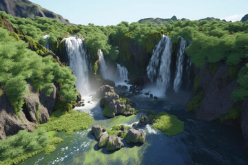 Fototapeta na wymiar Aerial of Beautiful Waterfall Landscape In The Jungle With Smaller Waterfalls Made With Generative AI