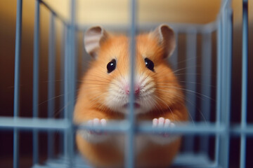 Closeup of sad looking hamster in a cage. Generative AI.