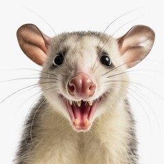 Funny opossum with curious cute brown eyes looking in the camera on white background, AI generative