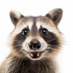 Portrait of a cute funny raccoon, closeup, isolated on a white background, AI generative