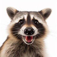 Portrait of a cute funny raccoon, closeup, isolated on a white background, AI generative