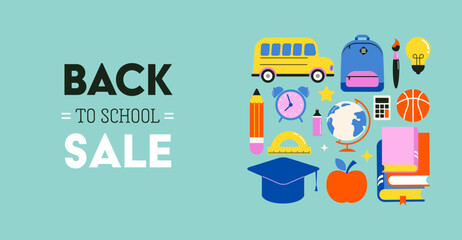 Vibrant Color Back To School background concept design. Geometrical flat style illustration, banner and poster. School supplies and yellow bus illustration