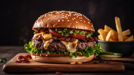 Heavenly burger, crispy fries, A divine combination on your plate. Generative AI