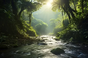 Foto op Aluminium amazon rainforest with tropical vegetation, a creek runs through a mysterious jungle, a mountain stream in a lush green valley, fictional landscape created with generative ai © CROCOTHERY