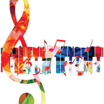 Colorful treble clef musical note symbol with piano keyboard background. Music inspired design with abstract G-clef and musical notes. Live concert event, talent show, music festival, party flyer