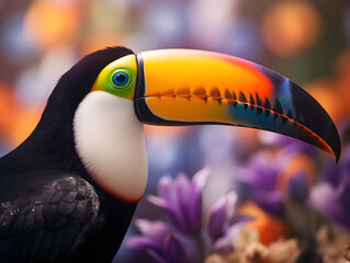 Colorful Toucan tropical bird in the nature with purple plants in the background