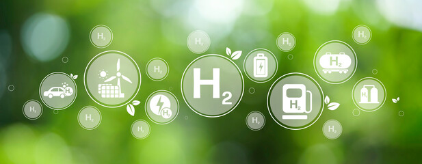 The concept of clean Hydrogen Energy with icons, changing the CO2 fuel cell to H2 switching to...