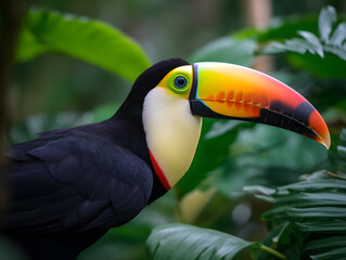 mostly green-red coloured Toucan in the wildness