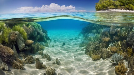 Naklejka na ściany i meble Dive into a world of wonder with ultra-realistic 4K backgrounds that showcase the breathtaking beauty of coral reefs. The scene unveils an underwater paradise, tropical coral reef, Generative AI