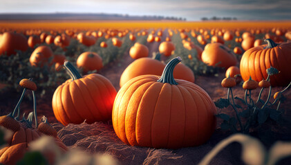 Pumpkins field. Ripe pumpkins in a row, blue sky background. Generative AI