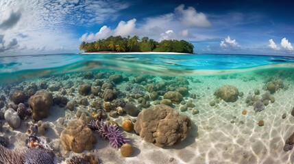Dive into a world of wonder with ultra-realistic 4K backgrounds that showcase the breathtaking beauty of coral reefs. The scene unveils an underwater paradise, coral reef and blue sea, Generative AI