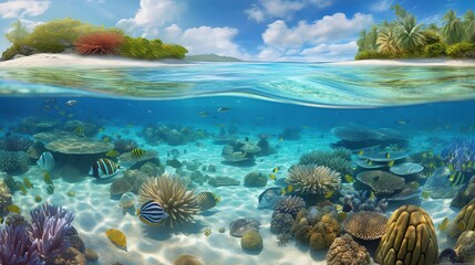 Dive into a world of wonder with ultra-realistic 4K backgrounds that showcase the breathtaking beauty of coral reefs. The scene unveils an underwater paradise, coral reef in sea, Generative AI