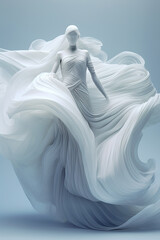A woman in a white dress is flying through the air. Generative AI.