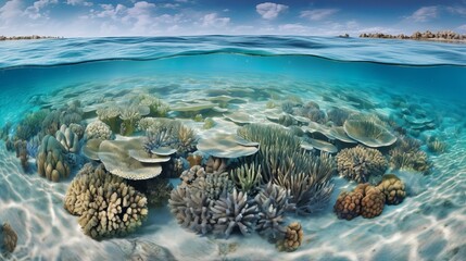 Naklejka na ściany i meble Dive into a world of wonder with ultra-realistic 4K backgrounds that showcase the breathtaking beauty of coral reefs. The scene unveils an underwater paradise, coral reef and sea, Generative AI