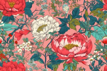 Peonies Chinoiseries Pattern | Floral Pattern | Old School Pattern | Vintage Pattern | Seamless Pattern | Generative AI Pattern