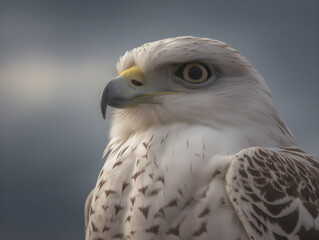 Portrait of a brown and white hawk in on white background