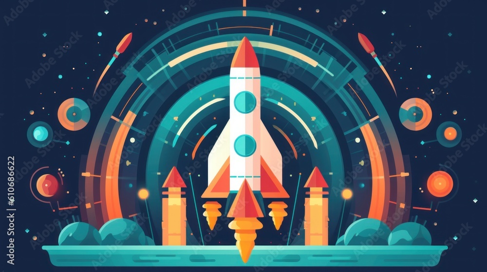Poster a rocket is flying through the air. generative ai image.