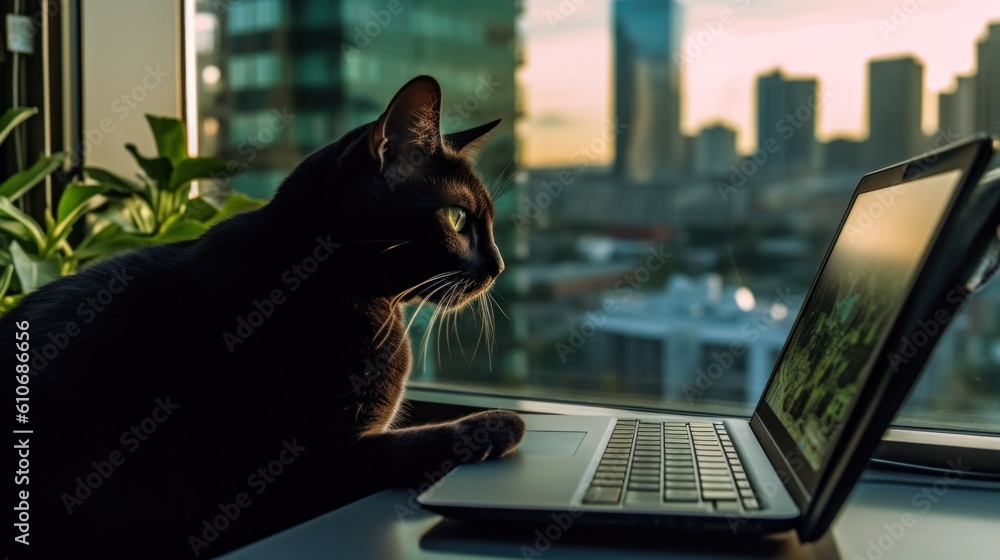 Poster a cat sitting in front of a laptop computer. generative ai image.
