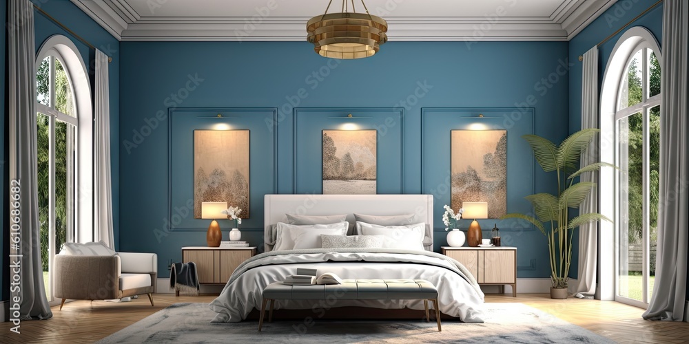 Poster 3d rendering of a bedroom with blue walls and white comforter generative ai