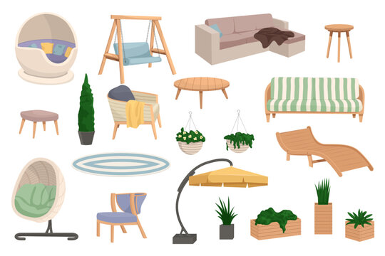 Garden outdoor furniture set. Set of Outdoor, porch zone, garden furniture with potted plants illustration