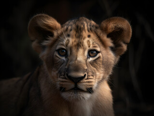 Close-up of lion cub in the wildness with dark background