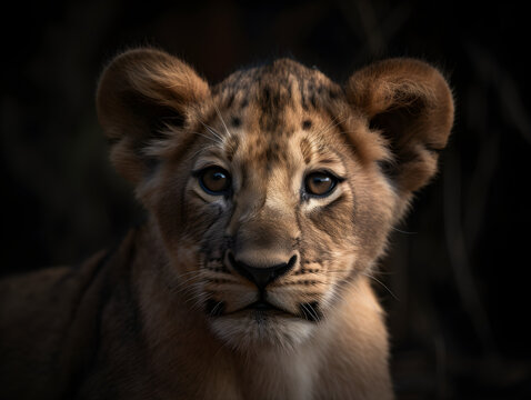 Close-up of lion cub in the wildness with dark background