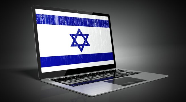 Israel - country flag and binary code on laptop screen - 3D illustration
