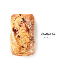 Creative layout made of ciabatta bread on the white background. Flat lay. Food concept. Bread and Pastry.