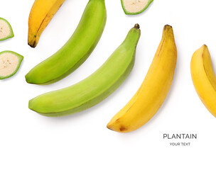 Creative layout made of green and yellow plantain on the white background. Flat lay. Food concept....