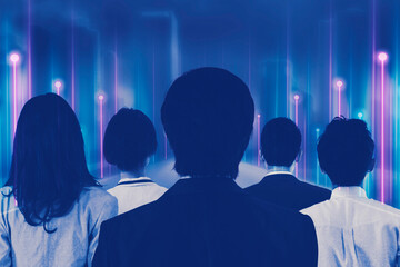 Rear view Isolated over futuristic background.