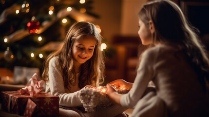 two young girls sitting under christmas tree unwrapping gifts in cozy family atmosphere