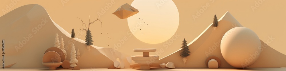 Poster A computer generated scene of a desert with mountains and trees. Generative AI image.