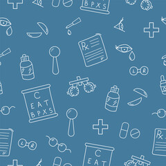  Equipments for optometry seamless pattern. Doodle banner with vision examination tools on blue background. 