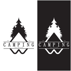 vintage and retro tent logo, camping. With tent, tree and bonfire sign. adventurers, scouts, climbers, camping equipment center