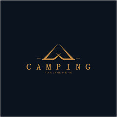 vintage and retro tent logo, camping. With tent, tree and bonfire sign. adventurers, scouts, climbers, camping equipment center