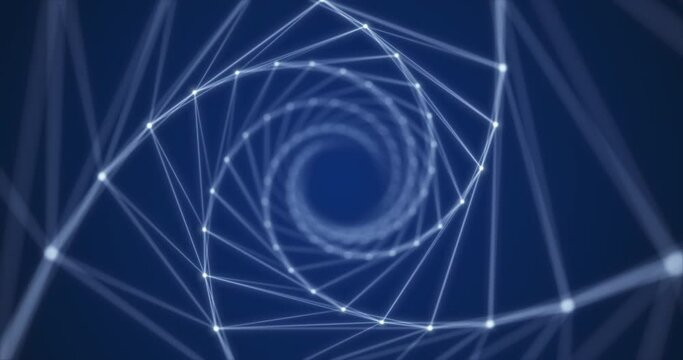 Abstract animation of flying through a tunnel. An interweaving of dots connected by lines on a blue background.