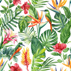 Seamless tropical pattern with palm leaves, bird and flowers. watercolor painting illustration.