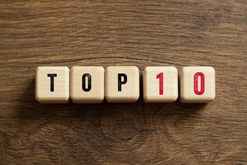 Top 10 , ten - word concept on building blocks, text