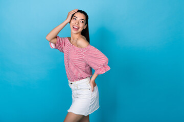 Photo model korean young girl posing preppy look empty space wear trendy outfit shopping offer...