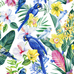 Tropical patterns, Seamless tropical pattern with palm leaves, parrot and flowers. Botanical painting watercolor flora